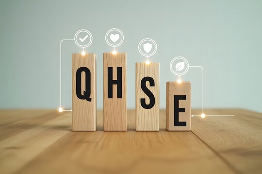 Business QHSE management showing quality health safety environment compliance icons risk assessment training standards workplace system performance improvement