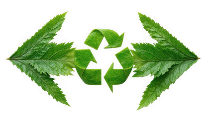 Vibrant green recycling symbol meticulously crafted from fresh leaves directs attention outward suggesting circular economy principles on transparent background