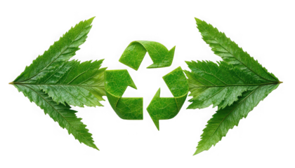 Vibrant green recycling symbol meticulously crafted from fresh leaves directs attention outward suggesting circular economy principles on transparent background