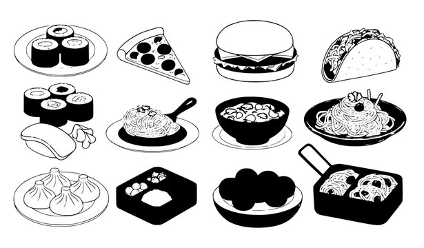 Hand-drawn vector illustration of popular international dishes with sushi, tacos, curry, and pizza