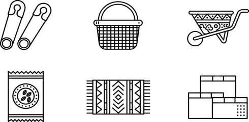 Minimalist vector icon set featuring safety pins, wicker basket, garden wheelbarrow, seed packet, tribal pattern rug, and stacked cardboard shipping boxes.