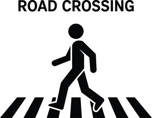 Road crossing sign icon, pedestrian crosswalk symbol with walking person for traffic safety and street signage design, vector illustration
