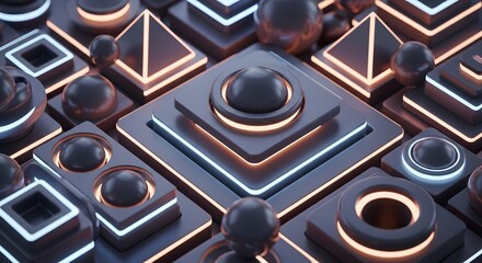 Abstract geometric shapes dark background glowing neon light futuristic digital technology matrix pattern design