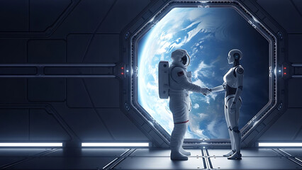 Astronaut and humanoid robot shaking hands in futuristic spacecraft  
