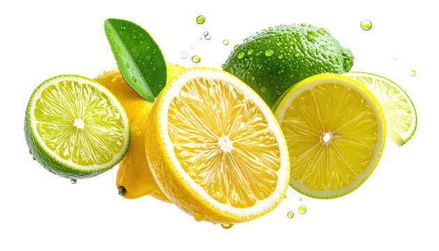Fresh citrus fruits, sliced and whole, with leaves and droplets