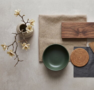 interior design materials moodboard top view. Neutral  earth colors.