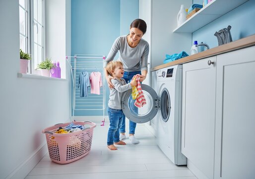 Smiling mother and daughter share a bonding moment while doing laundry together, teaching household chores
