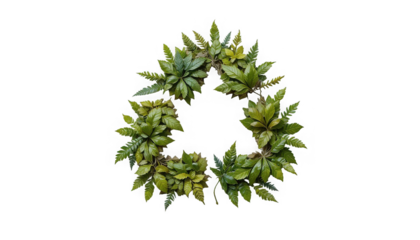 Lush vibrant green tropical foliage arranged artfully into a triangular wreath shape symbolizing nature conservation on transparent background
