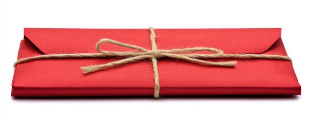  red envelope tied with twine, suggesting a personal touch, often used for special messages or gifts.