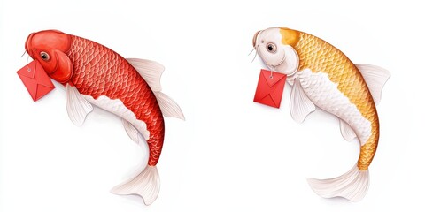 Two colorful koi fish with red and white patterns, each holding a red envelope in their mouths, symbolizing communication and prosperity.