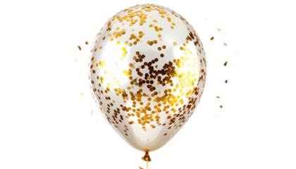 Transparent balloon filled with golden confetti against a stark black background