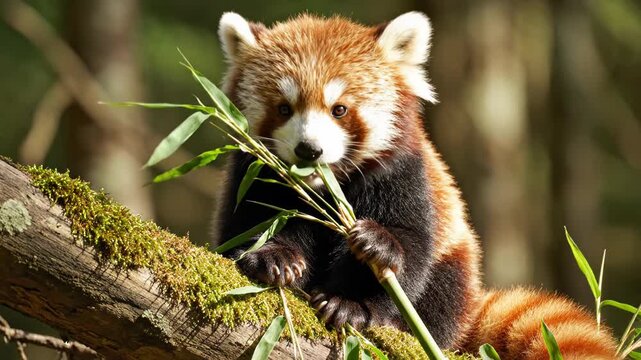 Close-up of a cute Red Panda (Ailurus fulgens) sitting on a mossy branch and actively eating bamboo shoots in a sunny forest environment