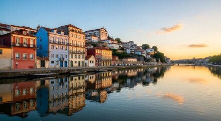 Obraz premium European old town by river with pastel blue and warm tones