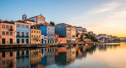 European old town by river with pastel blue and warm tones