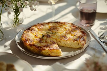 A round spanish tortilla is served on a plate at a casual gathering. The table is set with dishes and glasses, and flowers are arranged nearby. Sunlight fills the space