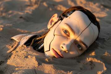 A cracked android face emerges from the sand at sunset