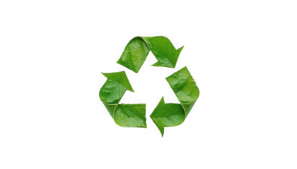 Environmental concept illustrating the universal recycling symbol cleverly constructed entirely from vibrant fresh green leaves on transparent background