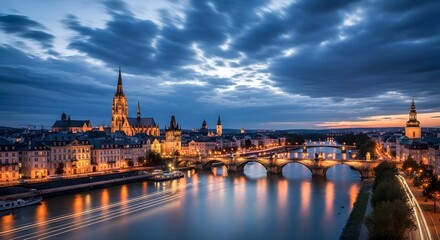Fototapeta premium Historic European city along river under dramatic cloudy sky