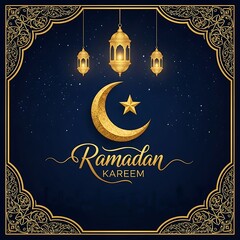 Elegant ramadan greeting with crescent moon lanterns and ornate gold islamic design elements