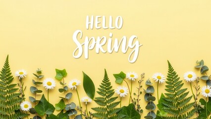 Minimalist flat lay featuring "hello spring" text and a decorative border of fresh green leaves and white flowers on a sunny yellow surface.