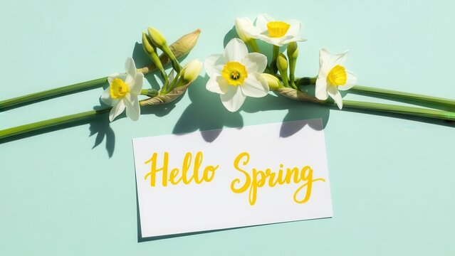 Fresh white daffodils frame a "hello spring" note card in a bright, cheerful flat lay composition on a solid light blue background.
