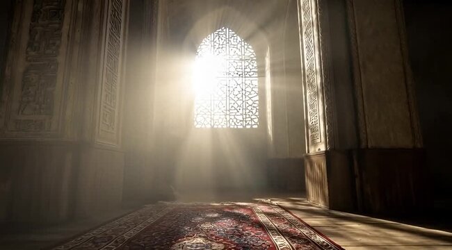 Sunbeam inside historic mosque with patterned window, pillars, and prayer rug