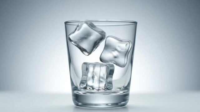 Ice cubes falling into an empty glass in slow motion, creating a refreshing drink.