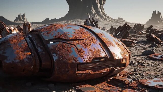 Abandoned spacecraft lies rusting on a barren rocky terrain with debris scattered around under a hazy sky
