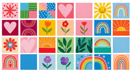 Colorful Geometric Patterns, Hearts, Sun, Rainbows, Flowers for Kids, Spring, Summer Designs, Cheerful Joyful Graphics