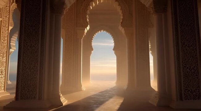 Sunbeam inside historic mosque with patterned window, pillars, and prayer rug