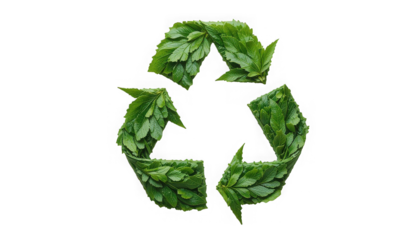 Three dimensional recycling symbol meticulously constructed from vibrant fresh green leaves symbolizing ecological sustainability and environmental care on transparent background