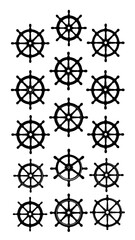Multiple ship wheels aligned, black vector shapes on a white background, classic nautical design, maritime theme