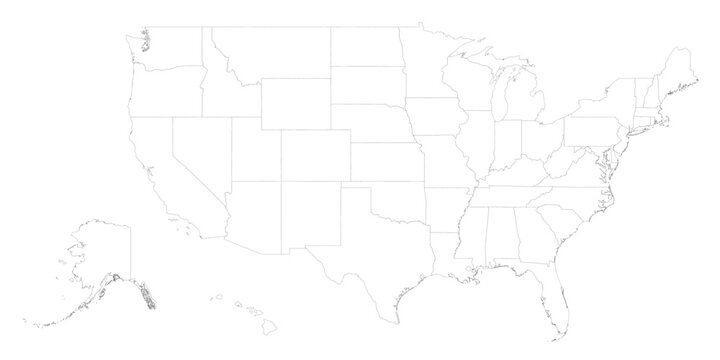 A detailed outline of the United States map. It includes all states from coast to coast, including Hawaii and Alaska. Areas are clearly defined without additional features.