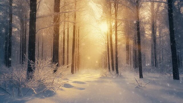 Serene winter forest landscape with snow-covered trees and sunlight.