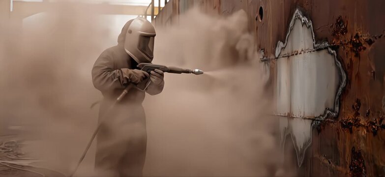 Industrial worker in protective suit sandblasting rust off a metal wall creating clouds of dust
