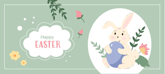 Festive horizontal background with Easter bunny holding painted egg. Spring design template with Happy Easter text. Greeting banner in pastel shades
