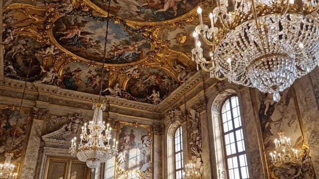Opulent Baroque ballroom interior with fresco ceiling, crystal chandeliers, and ornate details in Europe, used for luxury events