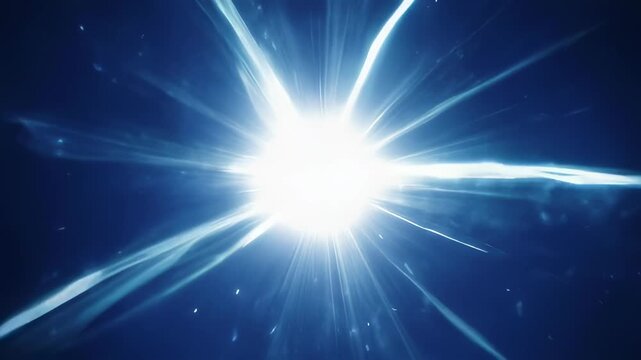 A bright white light expands outwards with blue streaks in a dark blue background