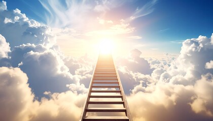 Fototapeta premium Stairway to Heaven Concept Image Dreamy Sky with Clouds Sun and Opportunity for Growth and Success.