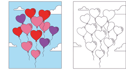 Coloring page vector illustration of heart shaped balloons floating in the sky. Educational worksheet showing colored example and black and white outline for kids art activity and Valentine's Day.