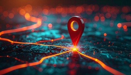 Red Map Pin on Glowing Grid for Urban Navigation