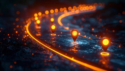 Orange Location Pin on Glowing Path for Journey
