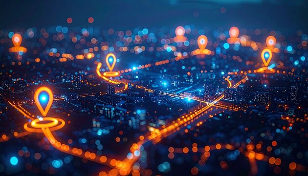 Glowing Blue and Orange Map Pins on Digital Navigation Grid