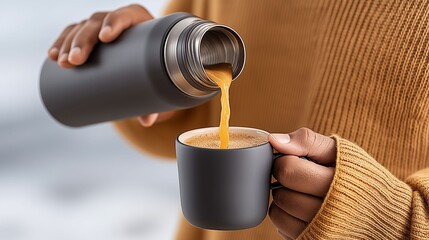 Naklejka premium A person is pouring coffee into a cup from a thermos