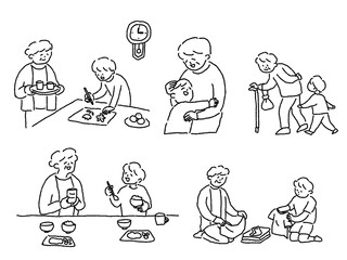 おばあちゃんと孫の暮らし、セット、線画