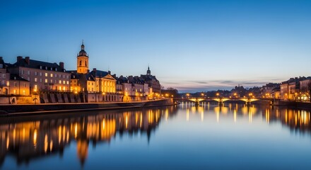 Obraz premium Cinematic wide shot of historic European city along a river