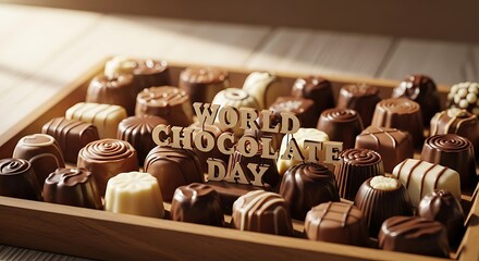Assorted chocolates in a wooden box on world chocolate day celebration