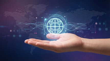 Digital currency exchange open human hand in global finance virtual space futuristic viewpoint innovation concept