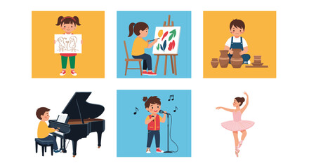 Fototapeta premium Set of panels showing happy children participating in creative hobbies like painting, pottery, dancing, and playing music.