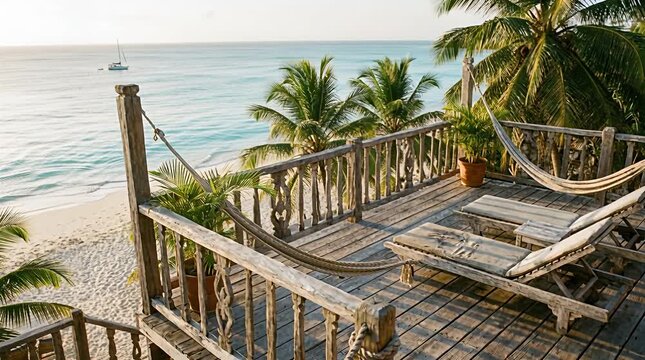 Tropical seaside resort balcony with hammock and lounge chairs overlooking ocean waves and palms, paradise.